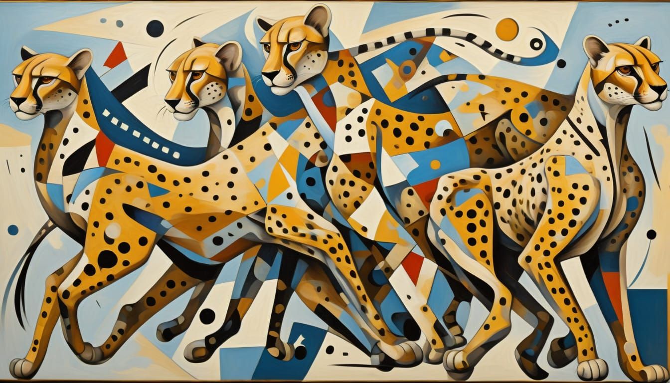 Cubist Futurism: Fragmented Cheetah Pack in Dynamic Movement