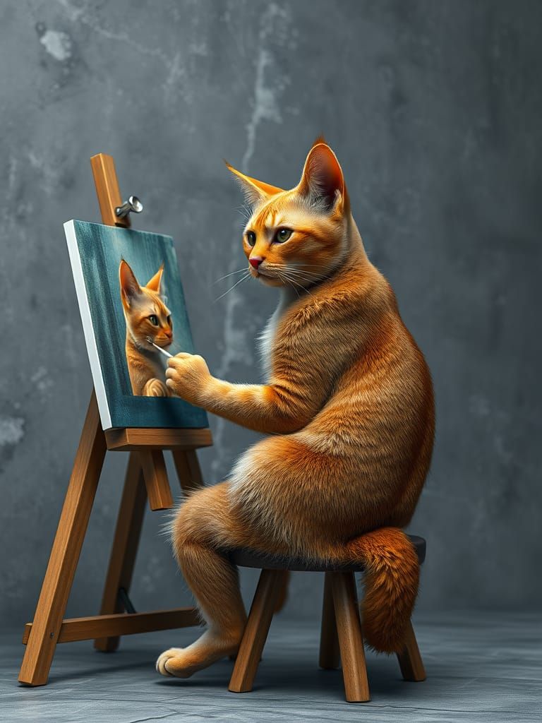 Realistic Cat Artist Paints Portrait of Ginger Cat in Studio