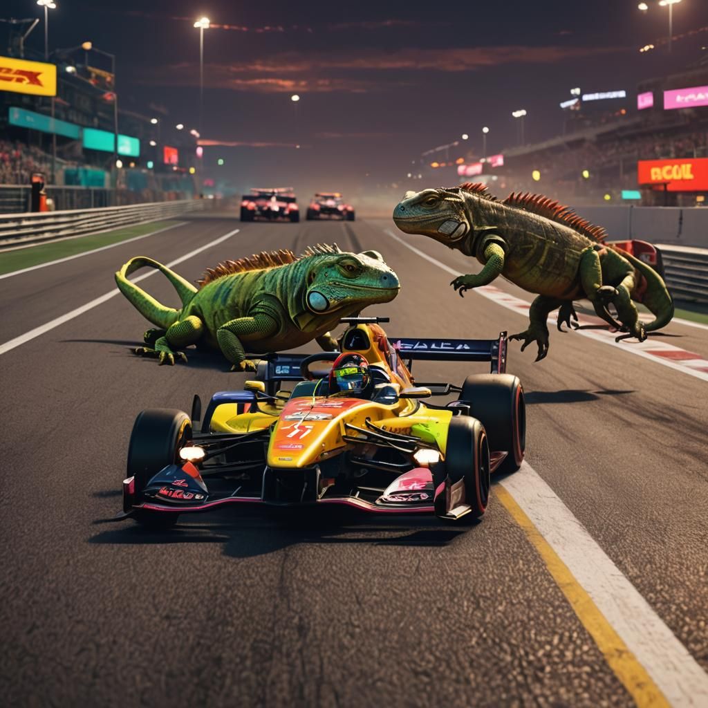 Iguanas Race F1 Cars in Photorealistic Style