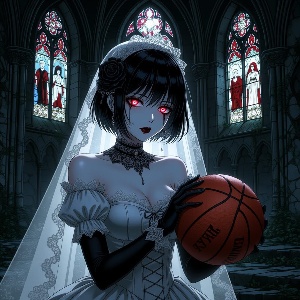 Gothic Vampire Bride Dribbling Basketball in Cathedral