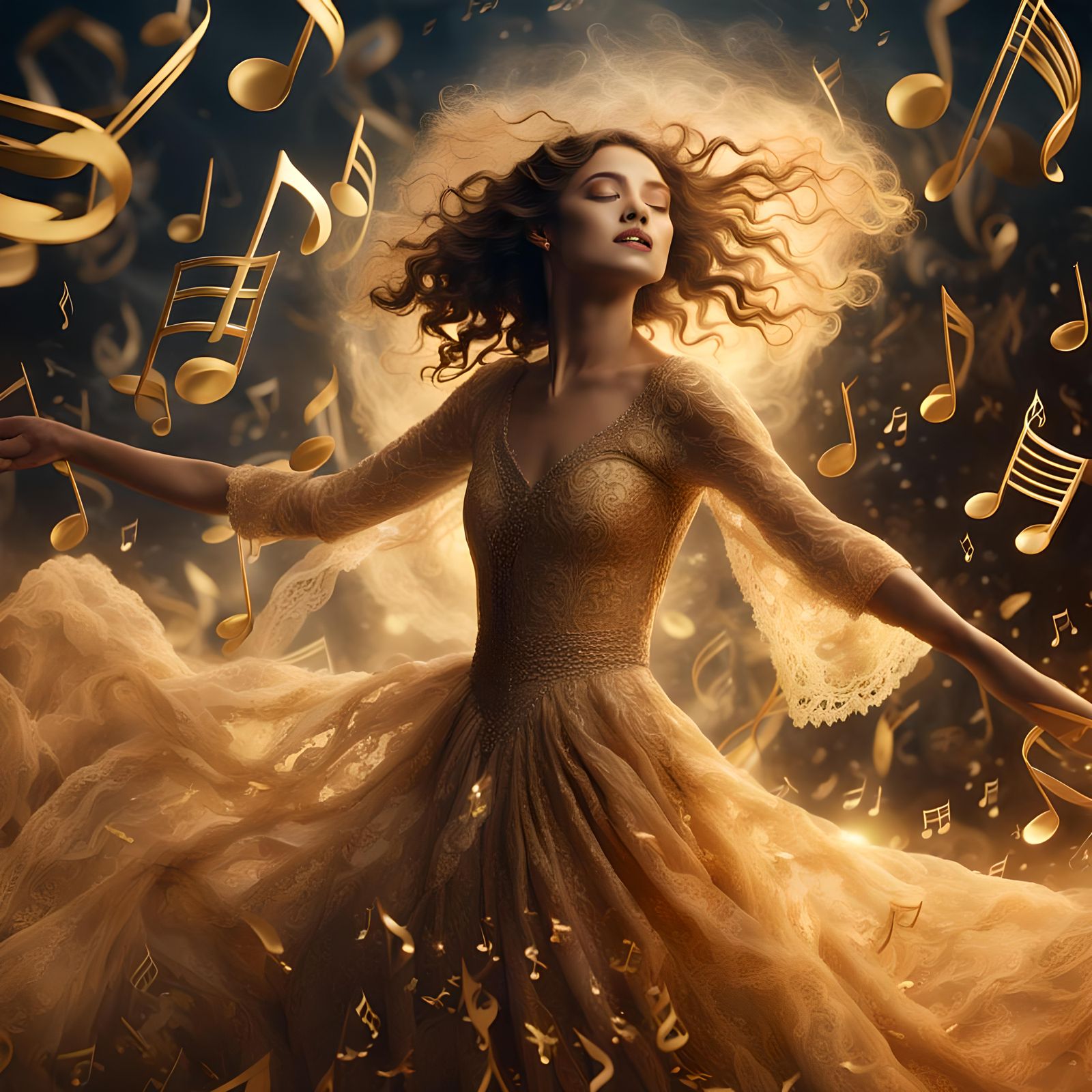 Golden Musical Notes Swirl Around Dancing Woman