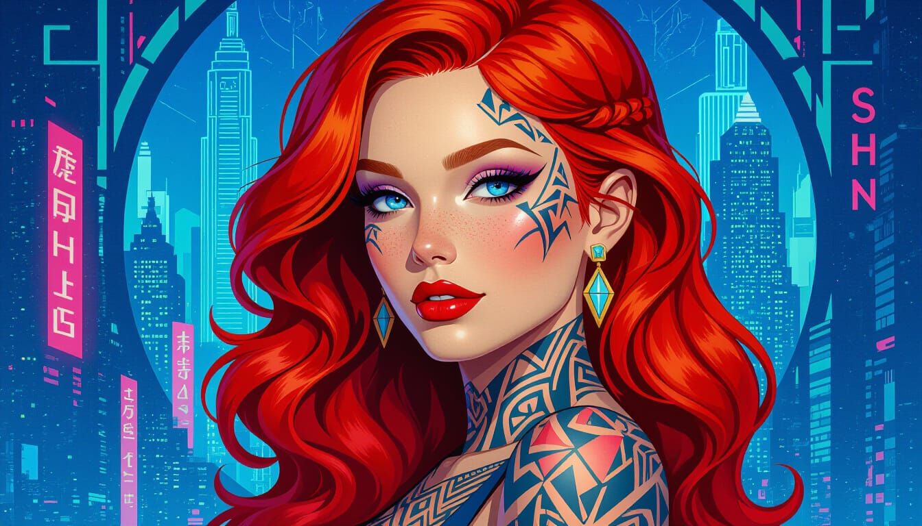 Cyberpunk Woman with Geometric Tattoos in Futuristic City