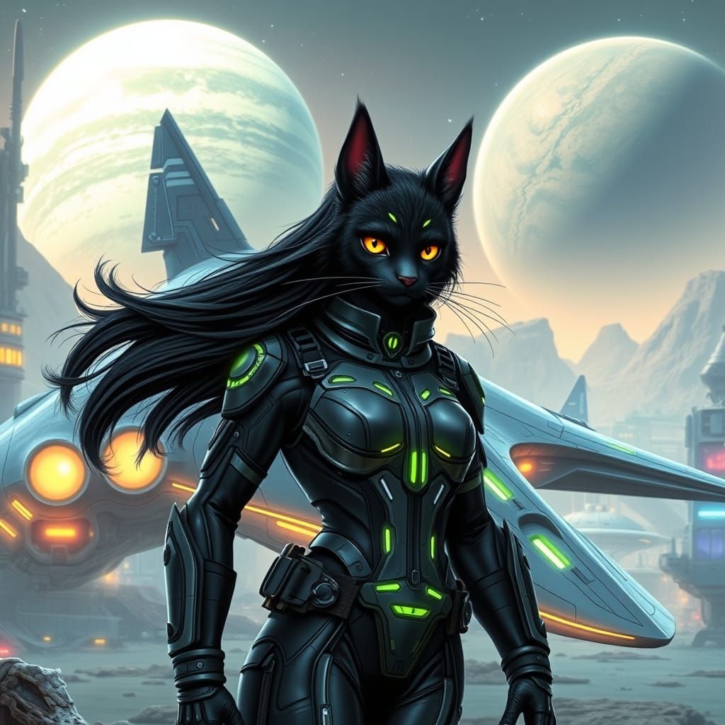 Felinoid Pilot in Futuristic Spaceport