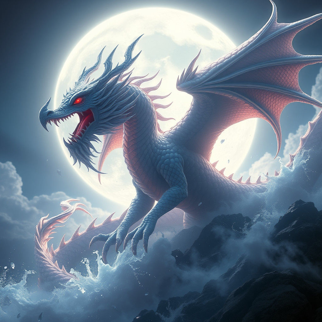 Shimmering White Moon Dragon in Detailed Matte Painting