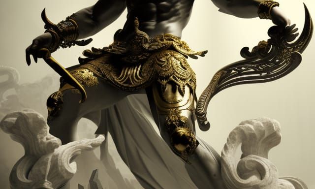 Marble Warrior Statue in Ornate Hall, Digital Art