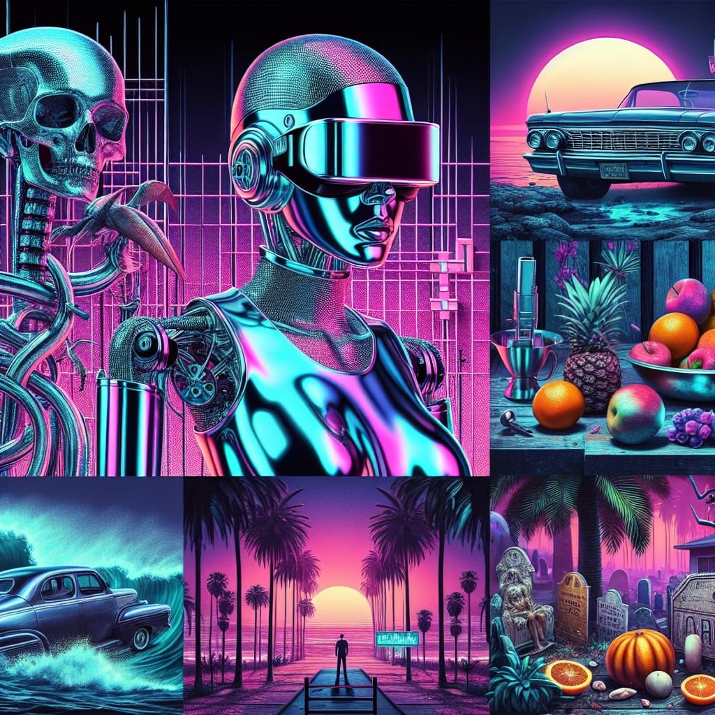 Cyberpunk Chrome Robot with VR Goggles in Noir Setting