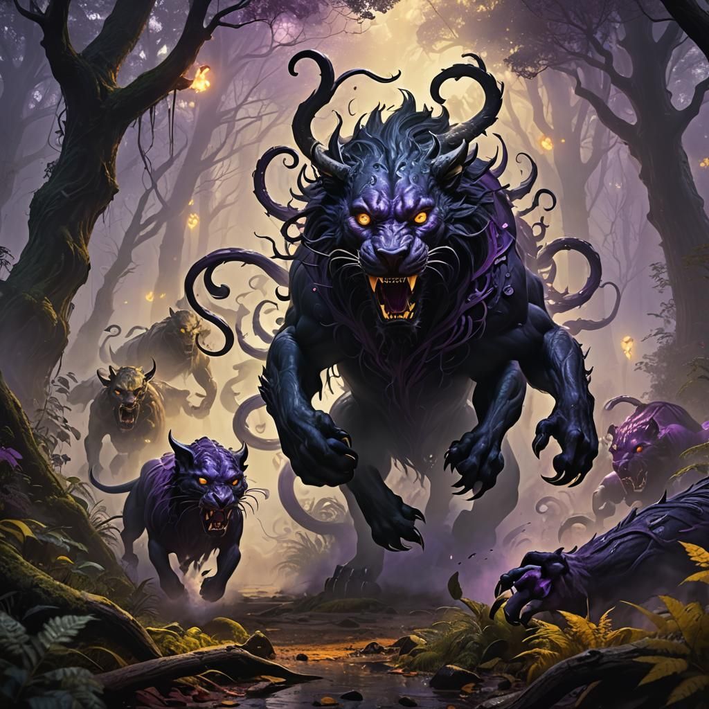 Displacer Beast Chase in Misty Forest: Dark Fantasy Art