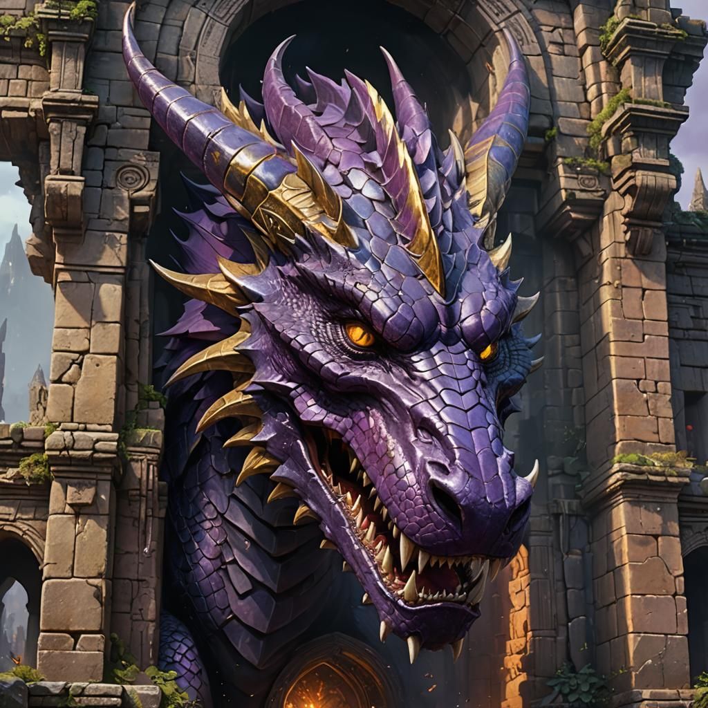 Mega Dragon in Ancient Ruins: Dark Fantasy Art