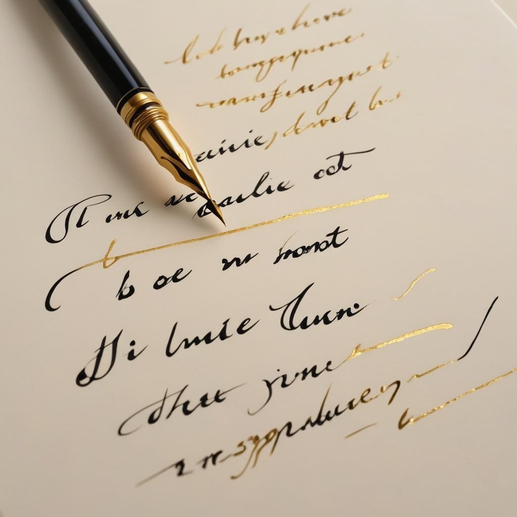 A close-up view of elegant calligraphy in progress. The image centers on a sheet of high-quality, cream-colored parchmen...