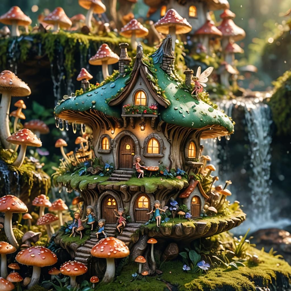 Fairies on Mushroom Near Fairy House Macro Photograph