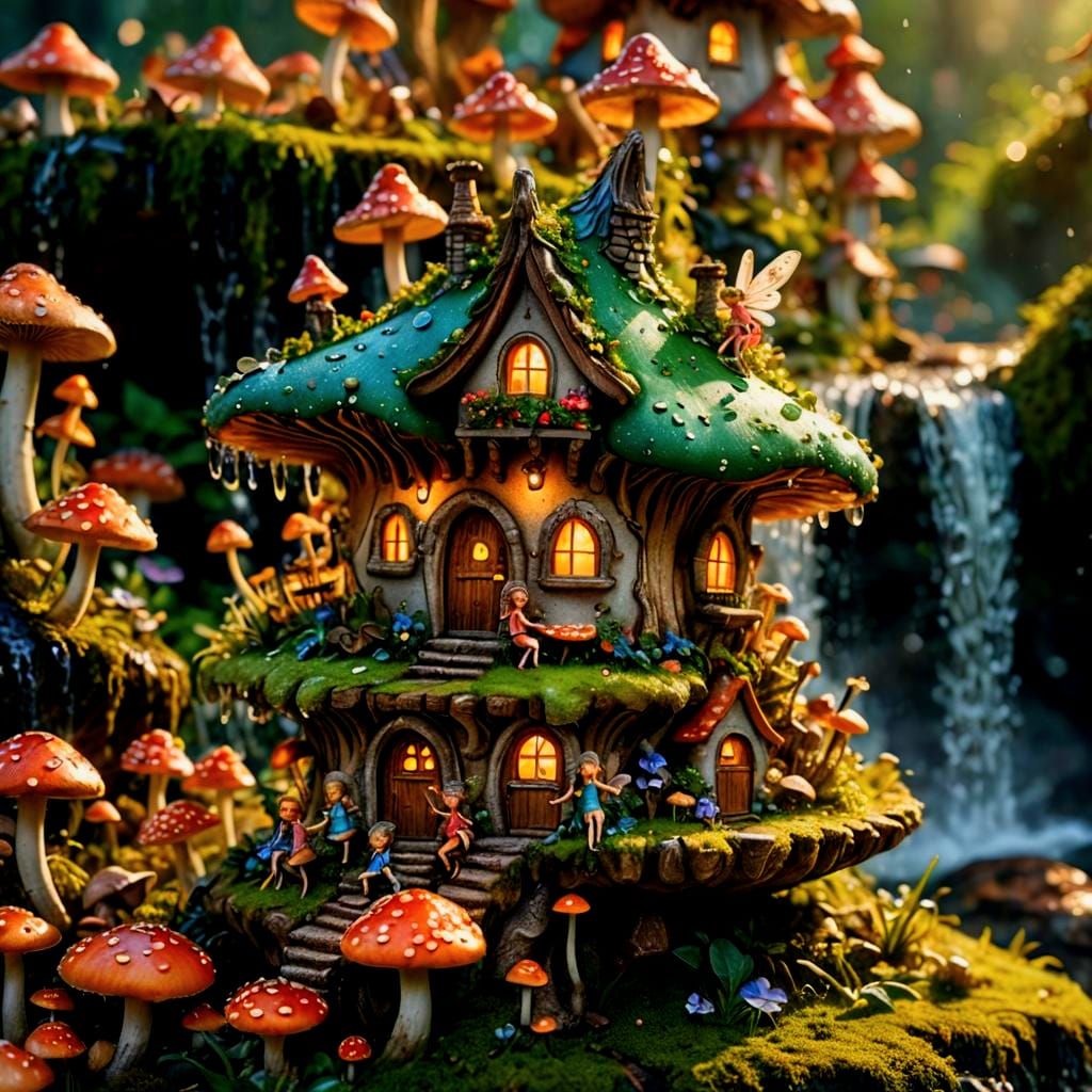 Fairies on Mushroom by Fairy House, Hyperrealistic