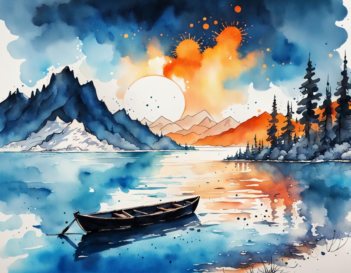 Colorful Ink Splash Art of Mountain Lake Scene