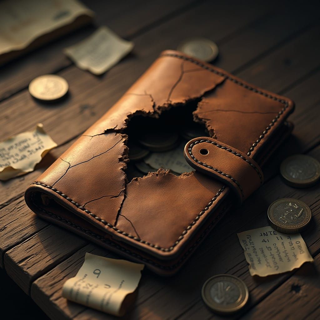 Forgotten Leather Wallet Amidst Rustic Coins and Receipts