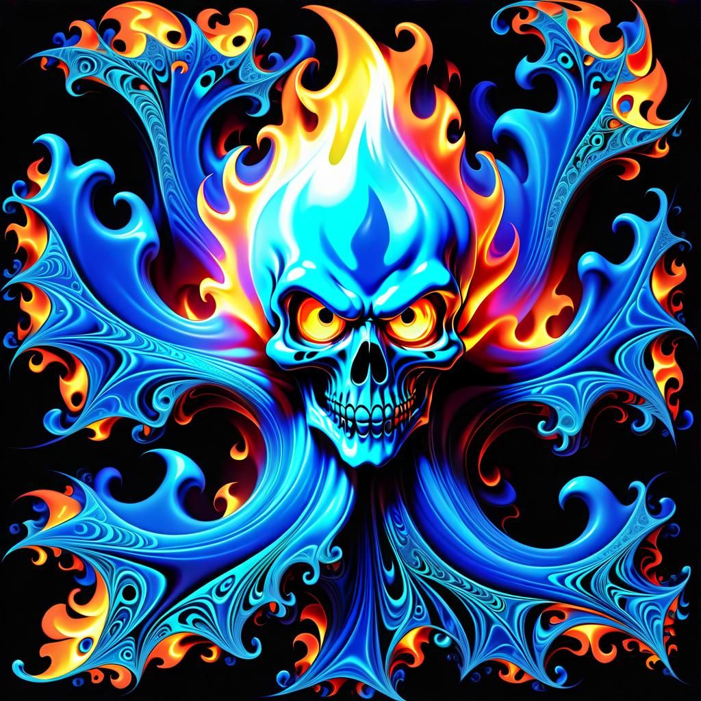 Blue Flame Skull in Abstract Fractal Style