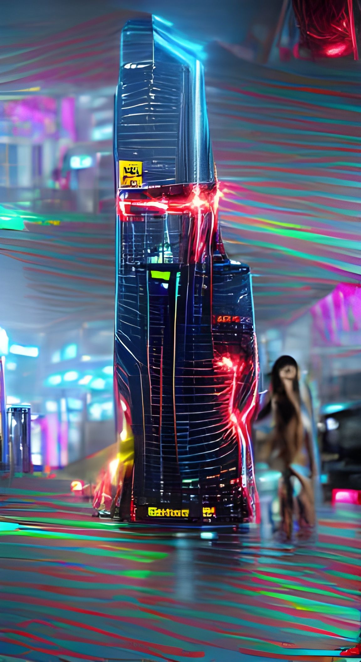 Cyberpunk Street Scene with Holograms and Neon