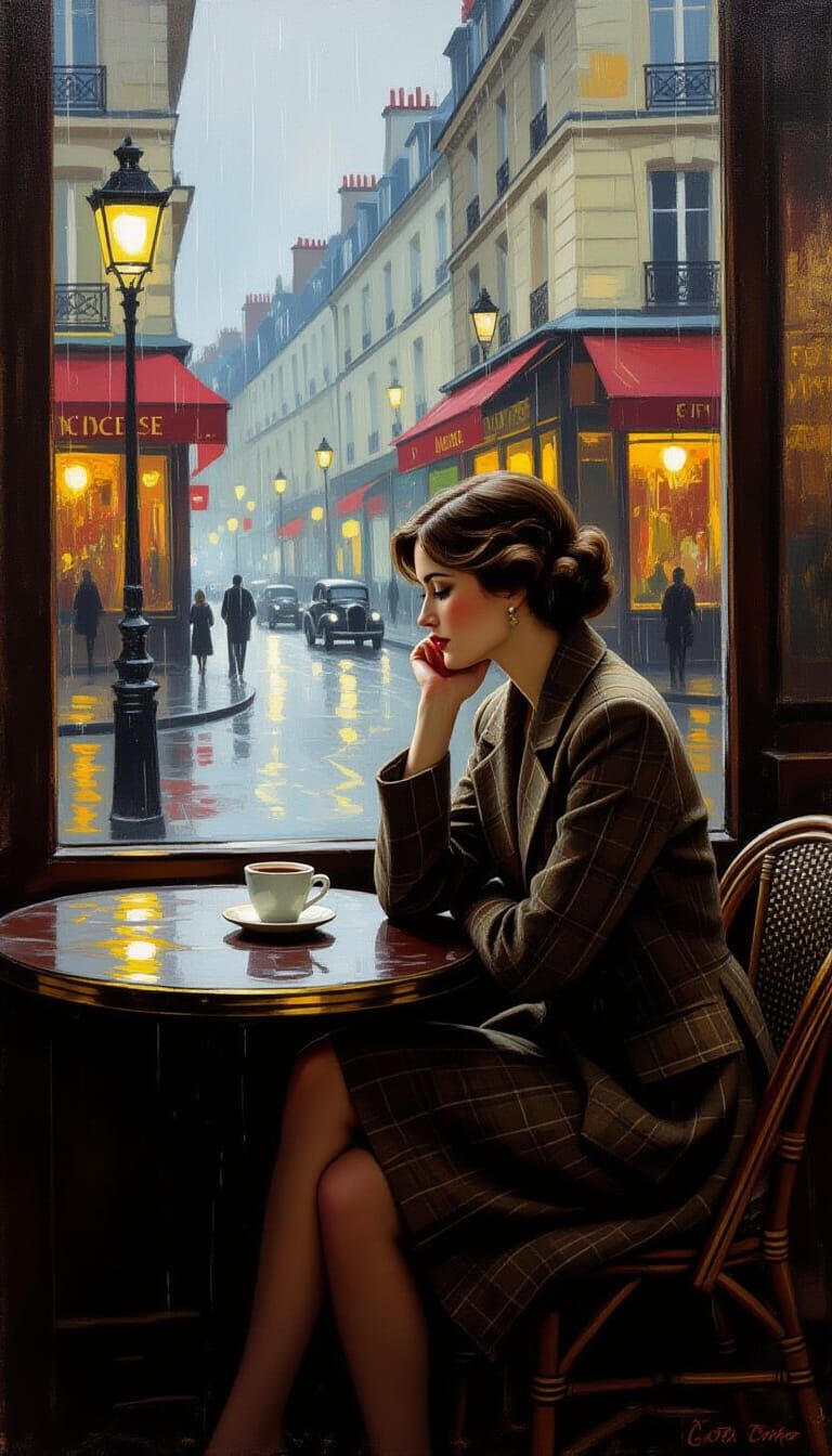 Woman in Vintage Cafe Contemplating Rainstorm