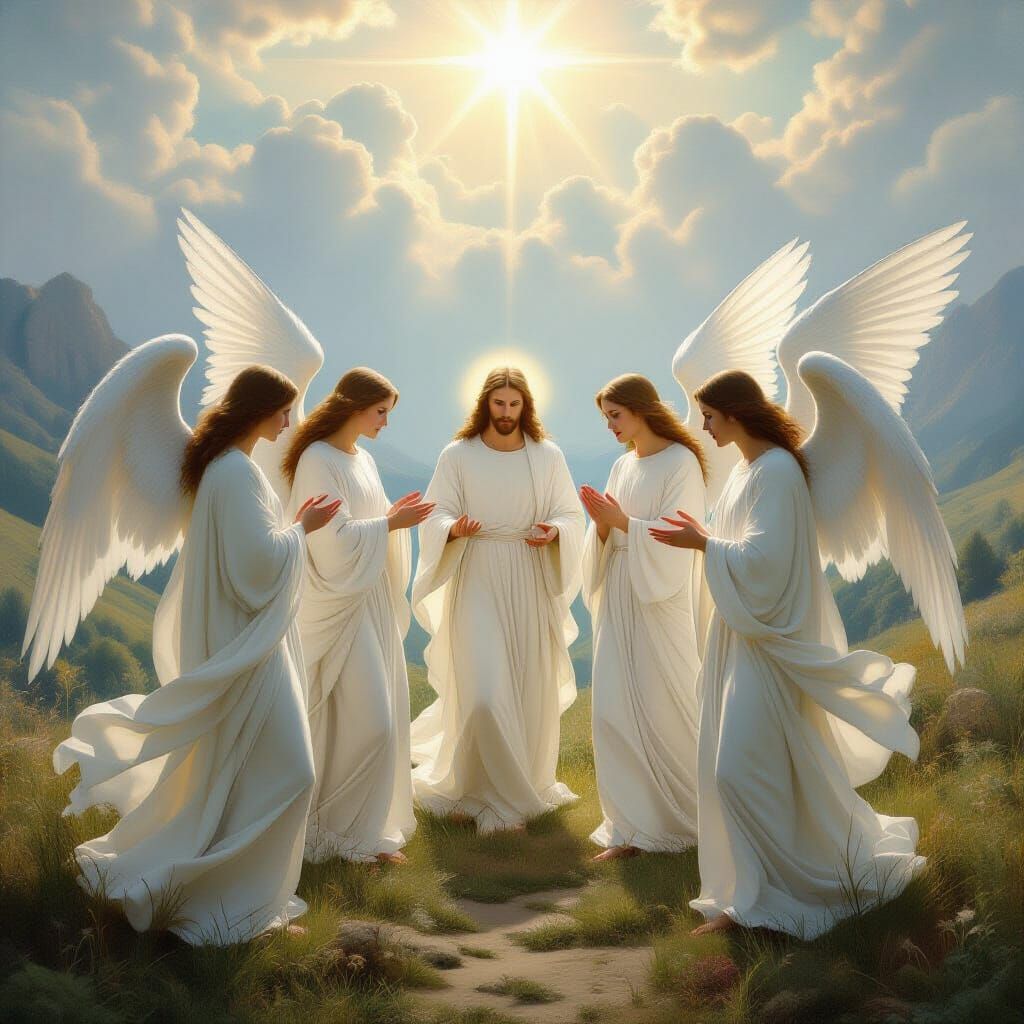 Angels Surround Jesus in Serene Heavenly Landscape