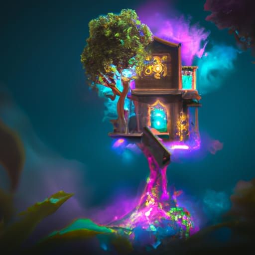Fantastical Treehouse with Volumetric Lighting and Synthwave...