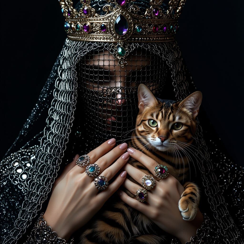Regal Figure with Jeweled Crown Holding Cat