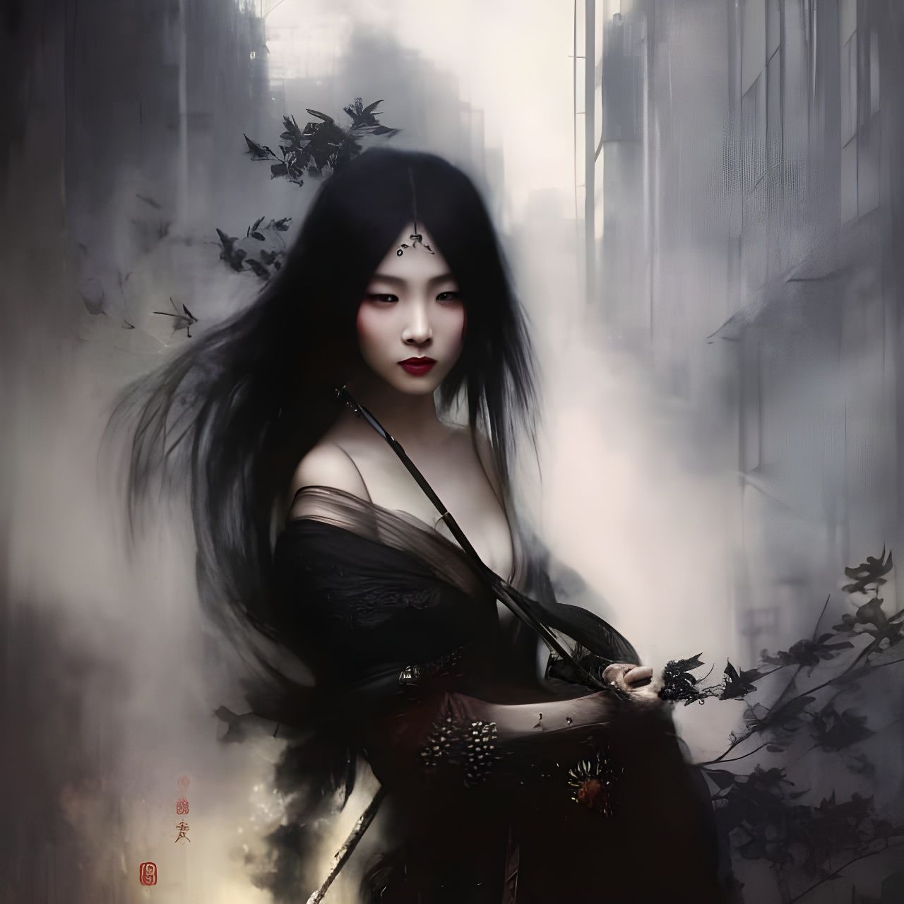 Beautiful Chinese Woman with Green Eyes in Dark Ambient Styl...