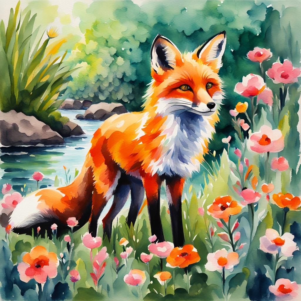 Cute Fox in Garden, Watercolor Gouache Painting