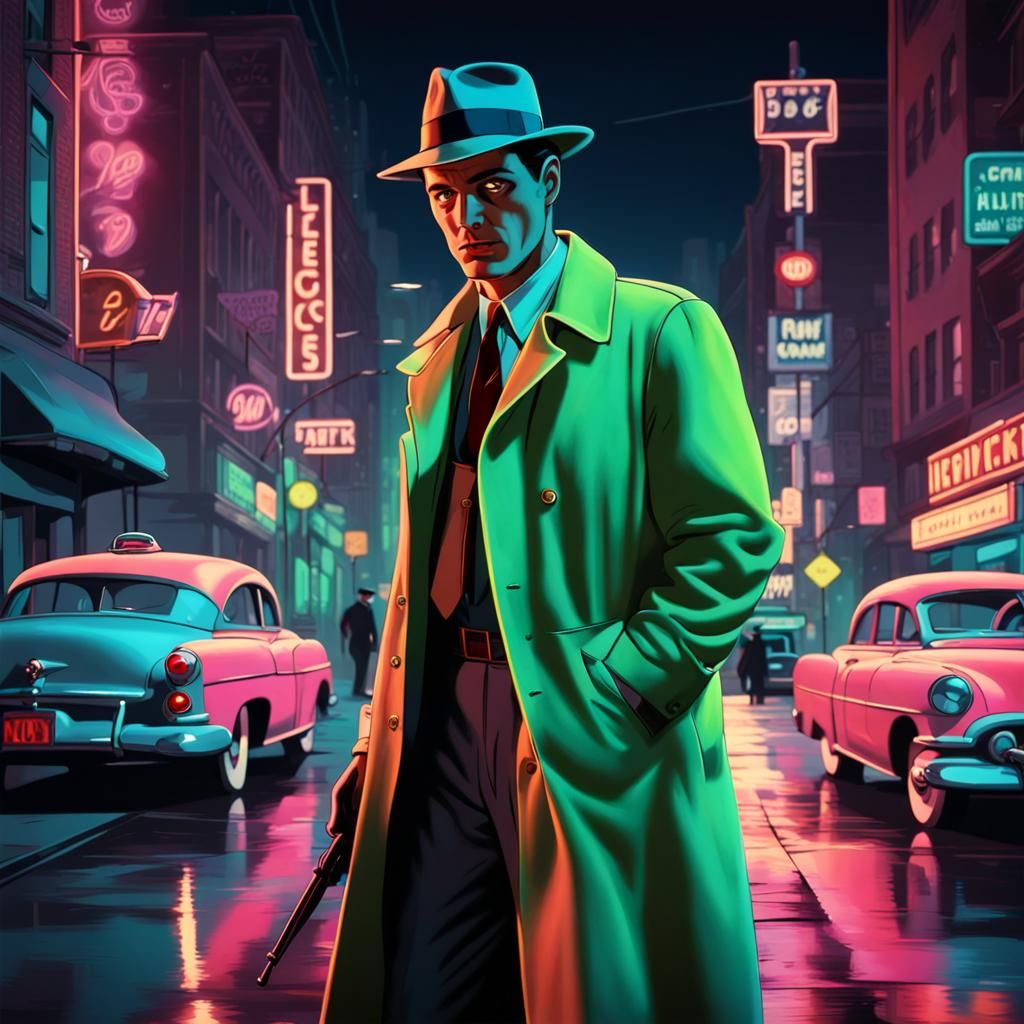 1950s detective in neon night city