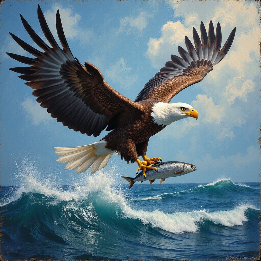Fish Eagle Soaring Above Ocean: Hyperrealistic Splash Art