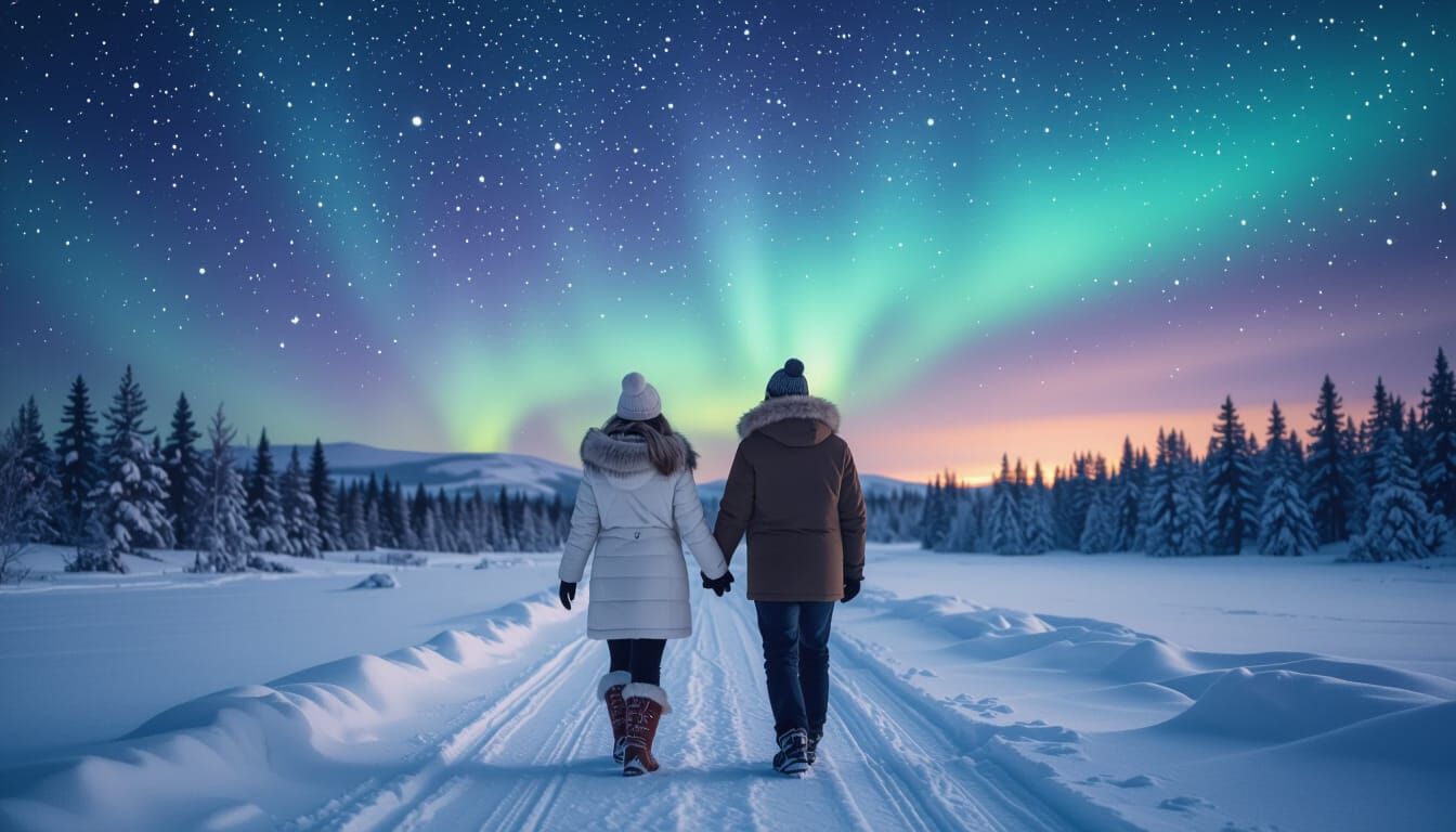 Asian Couple Under Starry Aurora Sky