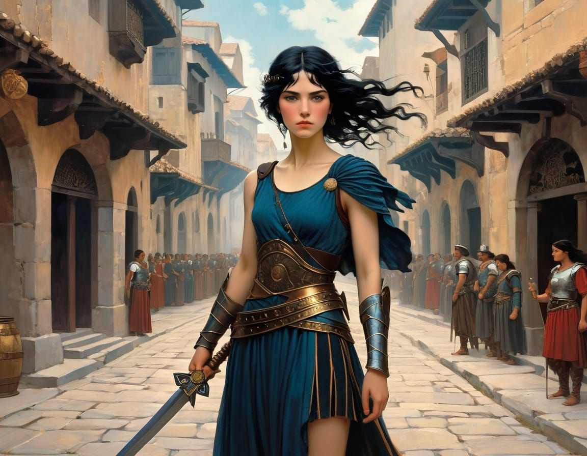 Female Gladiator in Street, Surrealist Style