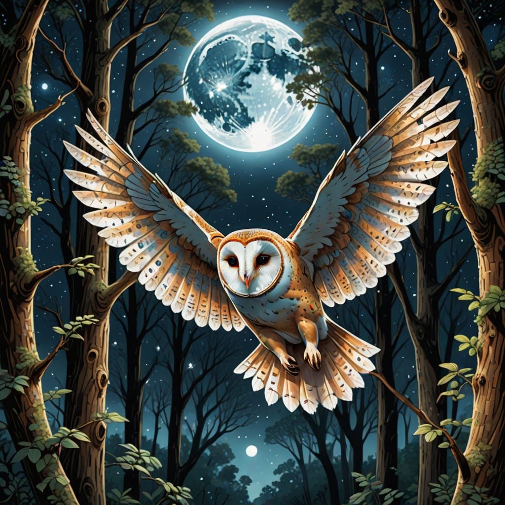 Barn owl soaring through tree canopy. Moonlight glinting off of wingspan. Background stats through gaps in tree coverage