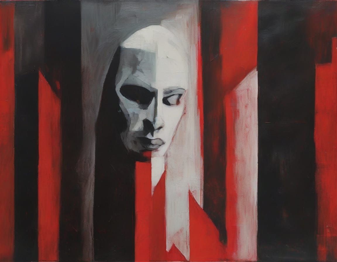 Two-Faced Figure in Brutalist Maze, Dark Expressionism