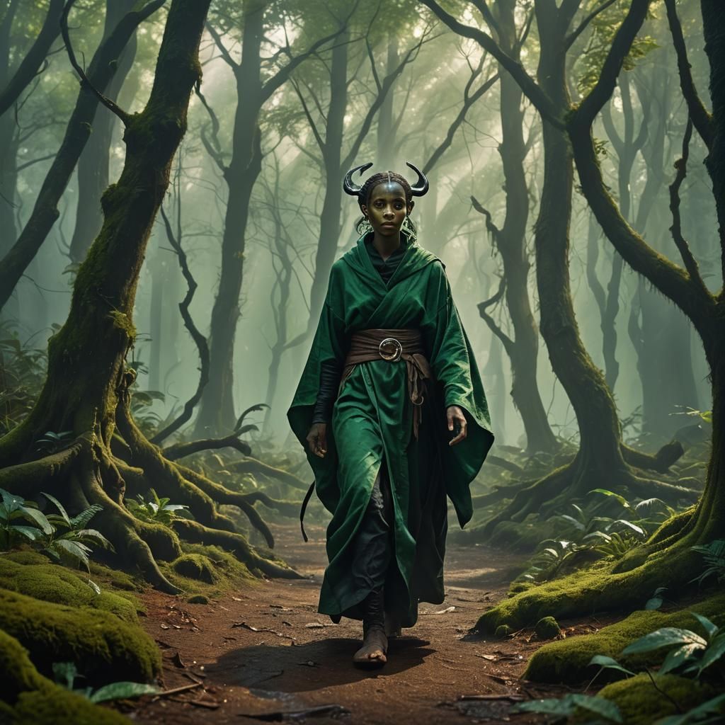 Tiefling Monk Walks in Misty Forest: Matte Painting