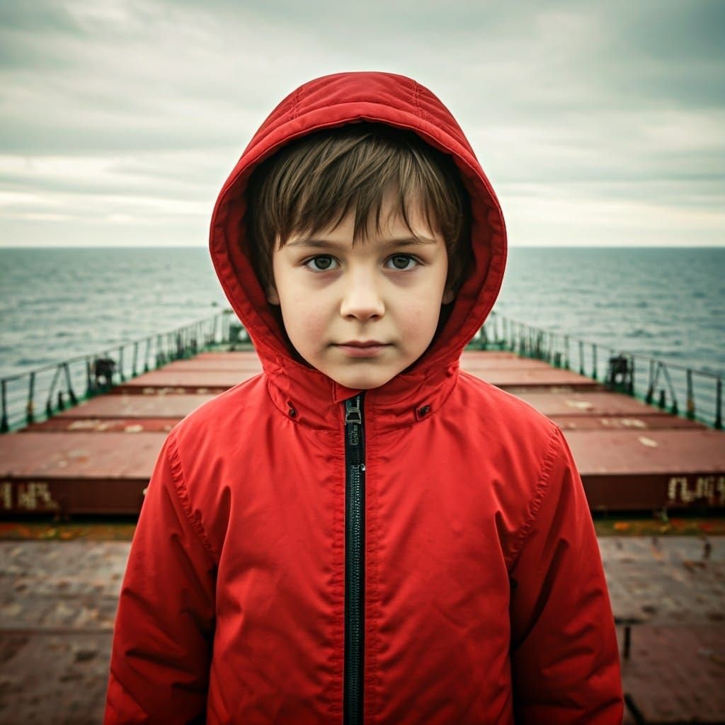 Boy in Red Jacket on Cargo Ship Deck