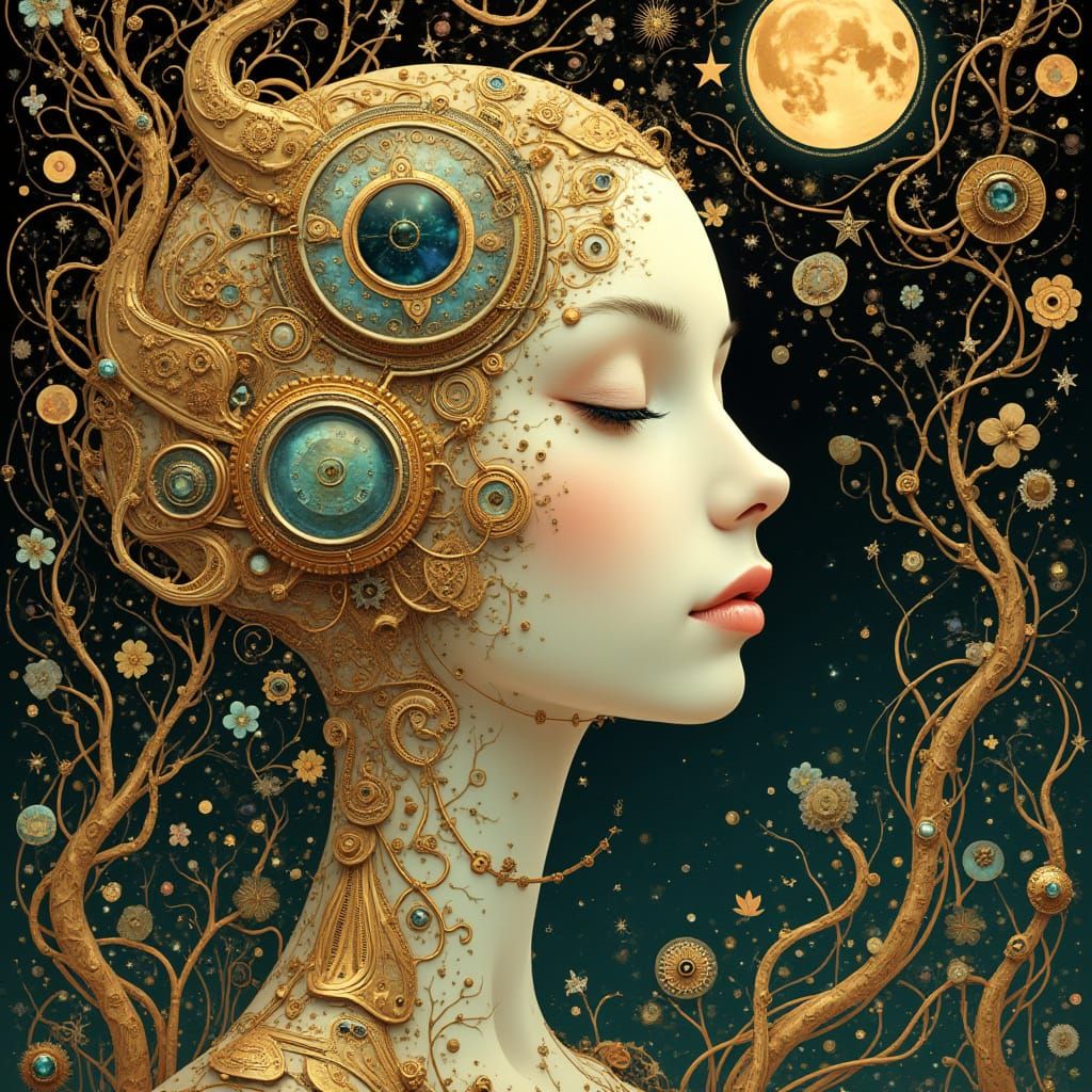 Art Nouveau AI Entity in Golden Hues