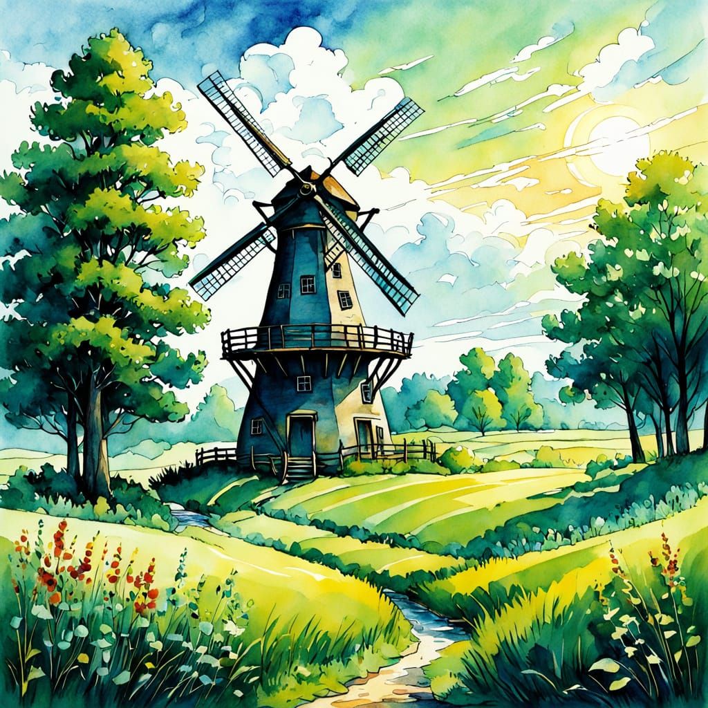 Whimsical Windmill in a Lush Green Meadow