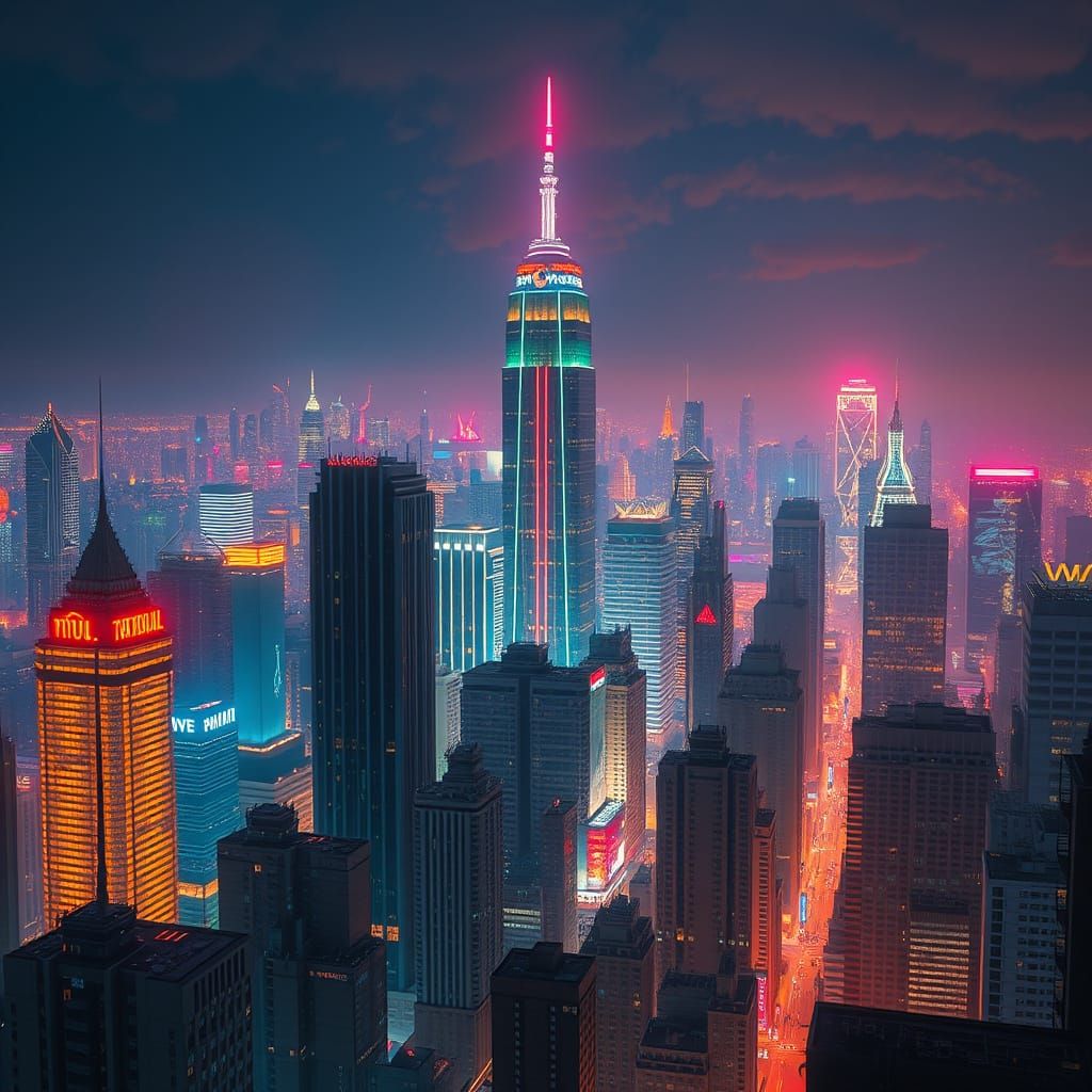 Cyberpunk Cityscape with Neon Lights at Night