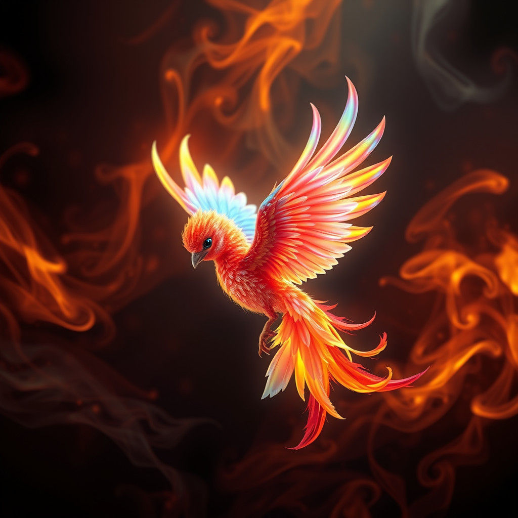 Iridescent Baby Phoenix Rising from Flames