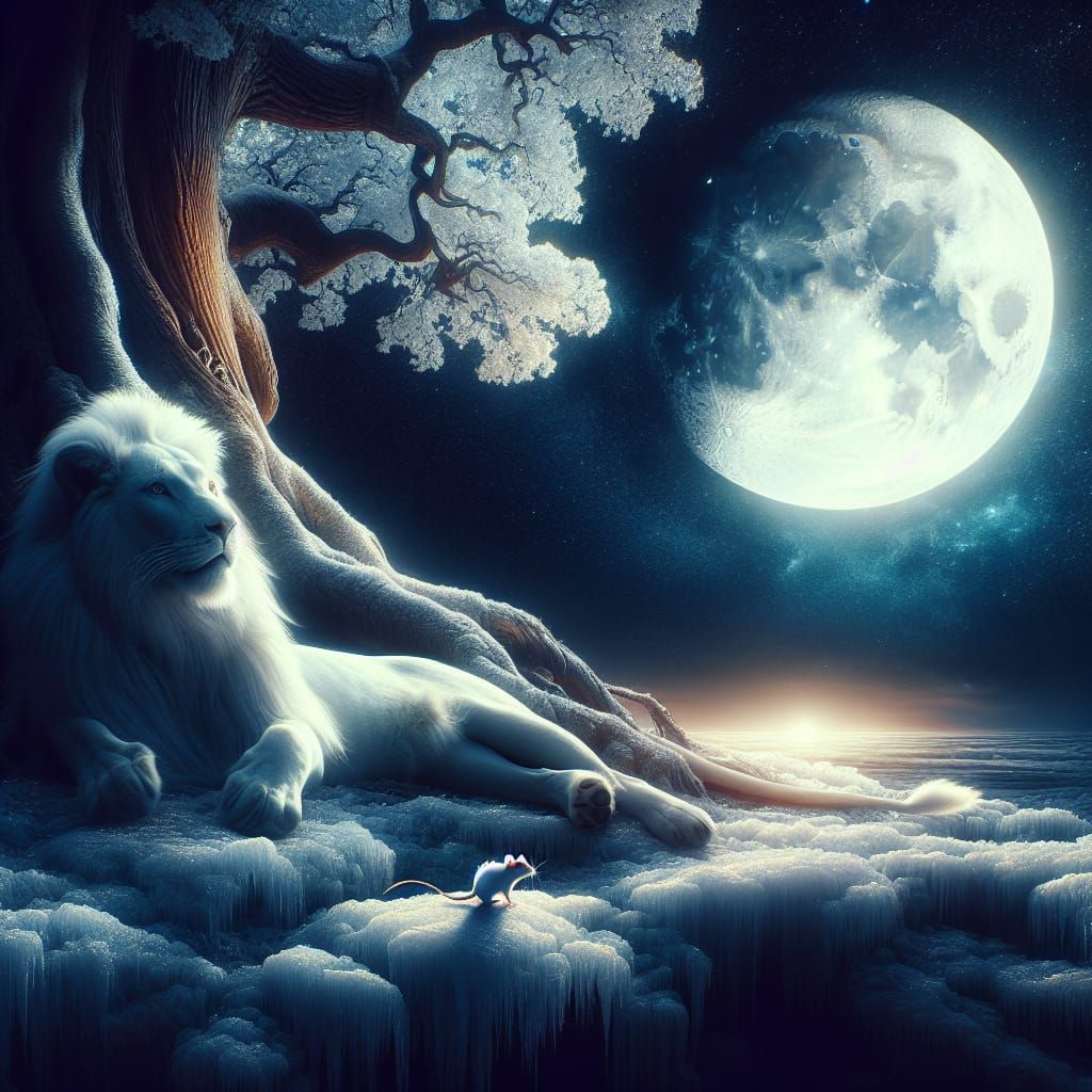 A Majestic White Lion Basks in the Radiant Glow of a Full Mo...