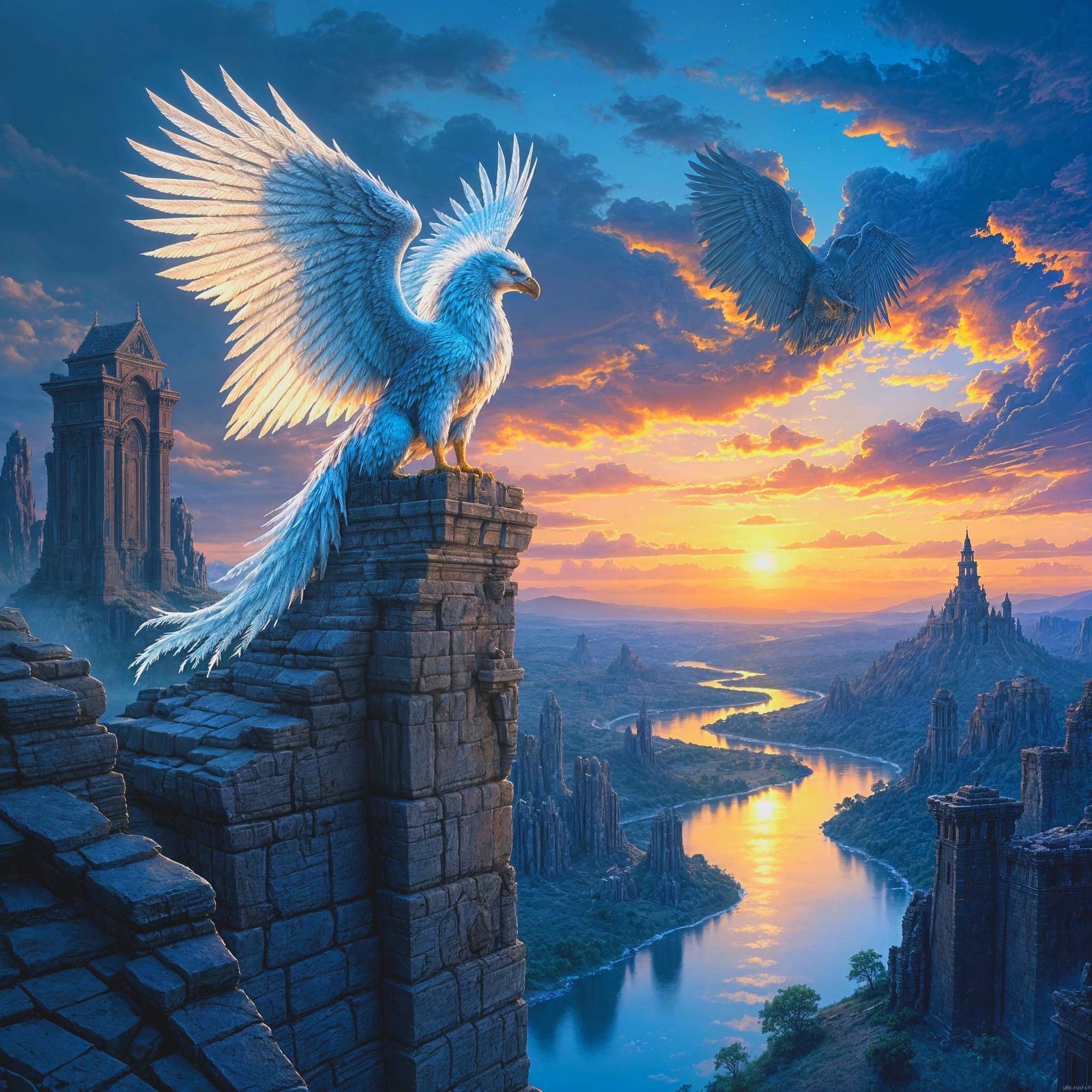 Majestic Griffin on Ancient Ruin in Twilight