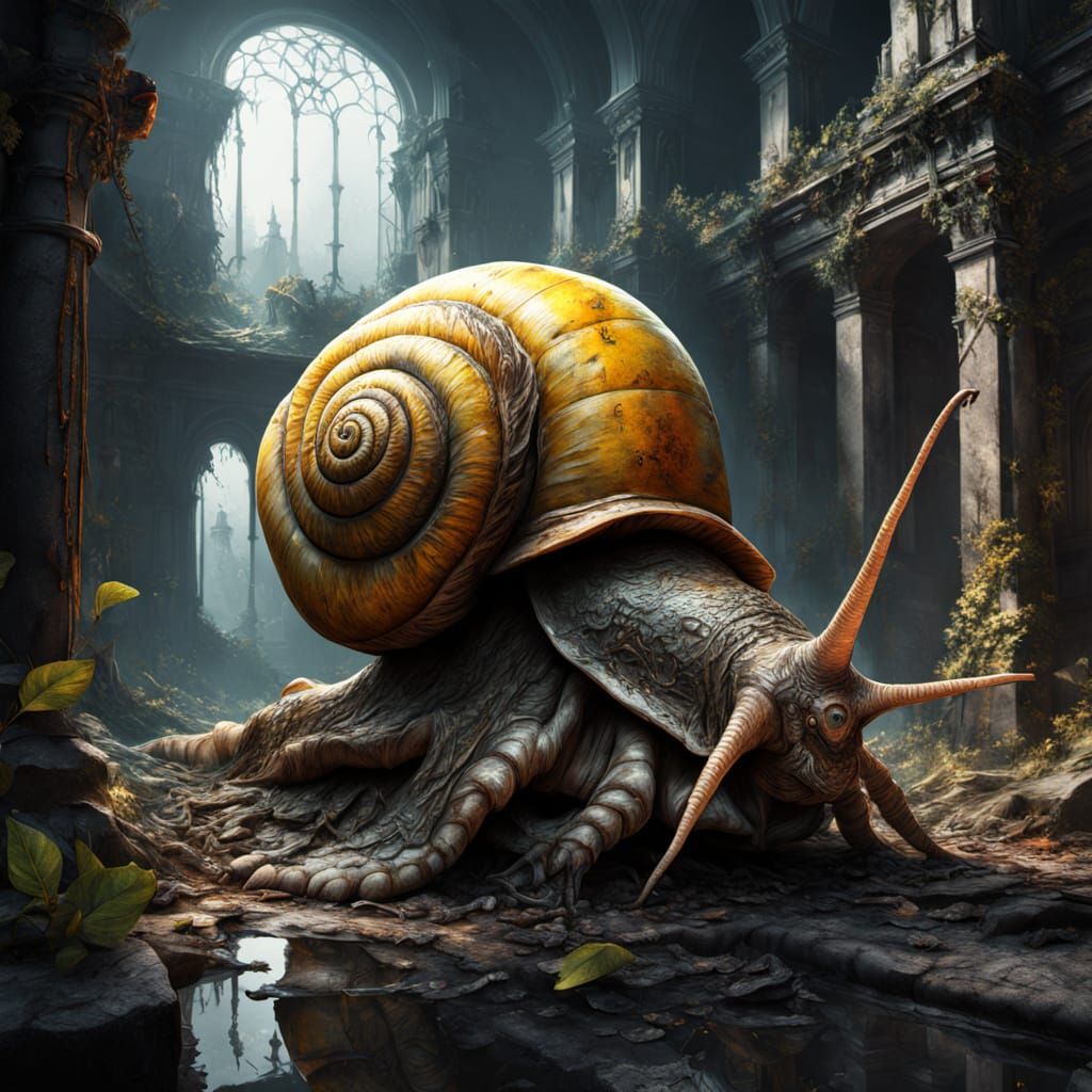 Grotesque Snail in Apocalyptic Ruins: Dark Fantasy