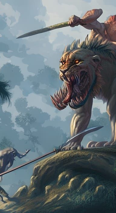 Filipino Warrior Fighting Lion Beast in Jungle