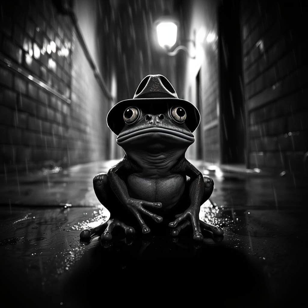 Noir Frog in Rain-Soaked Alley with Fedora