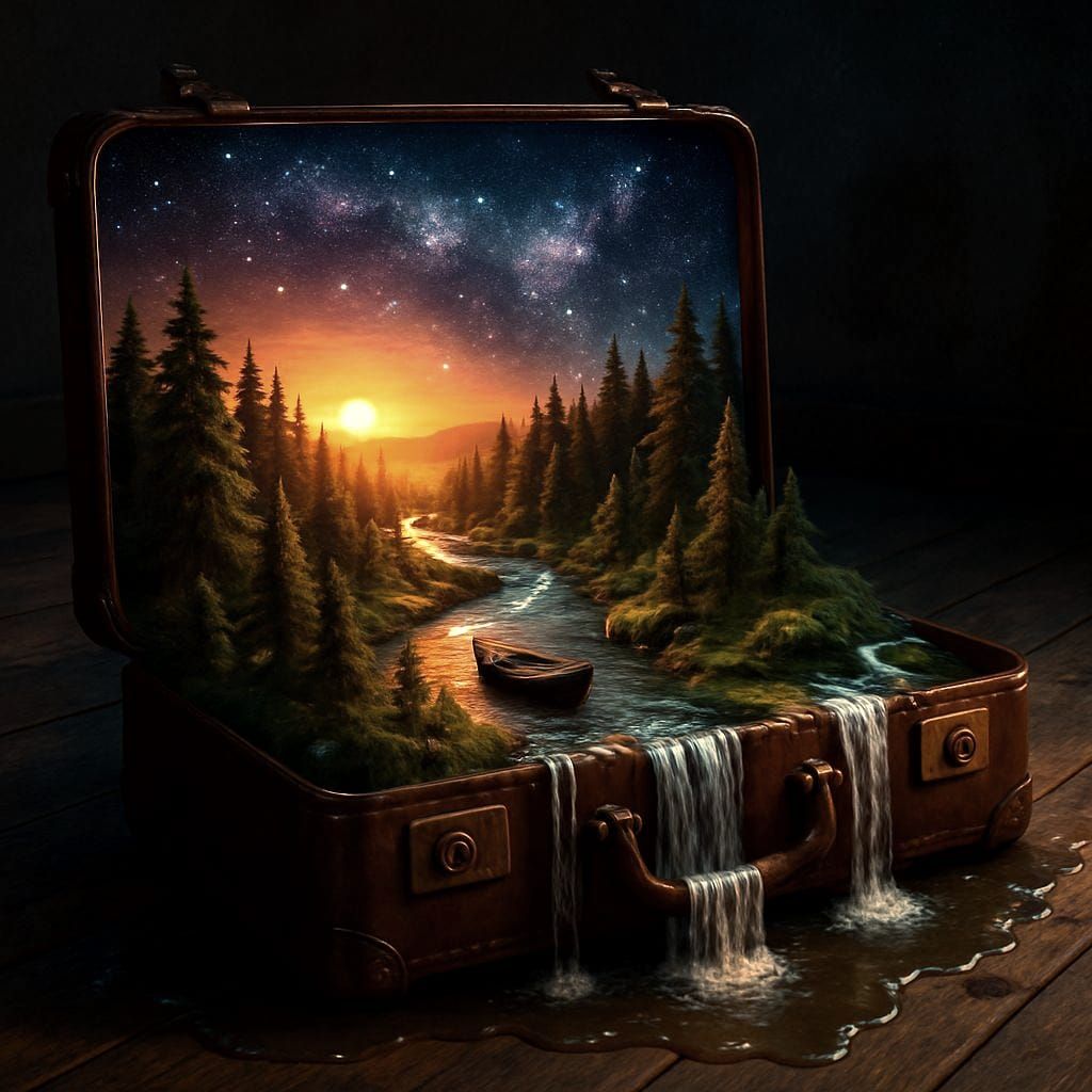 Hyperrealistic Forest in a Suitcase at Sunset