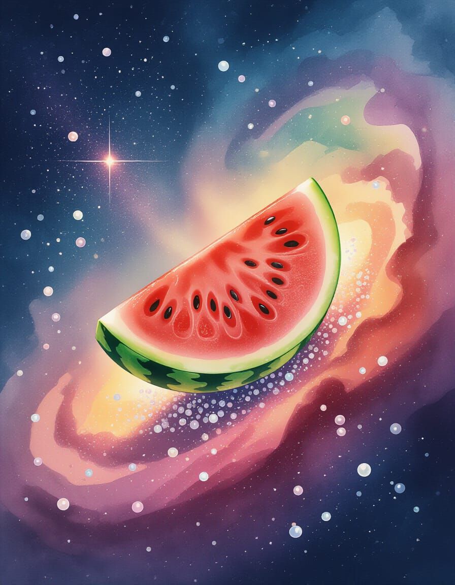 Watermelon Slice in Cosmic Edible Glitter Nebula