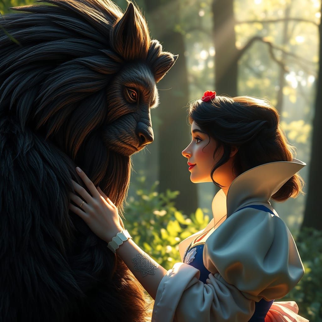 Snow White and the Gentle Beast in a Serene Forest Glade