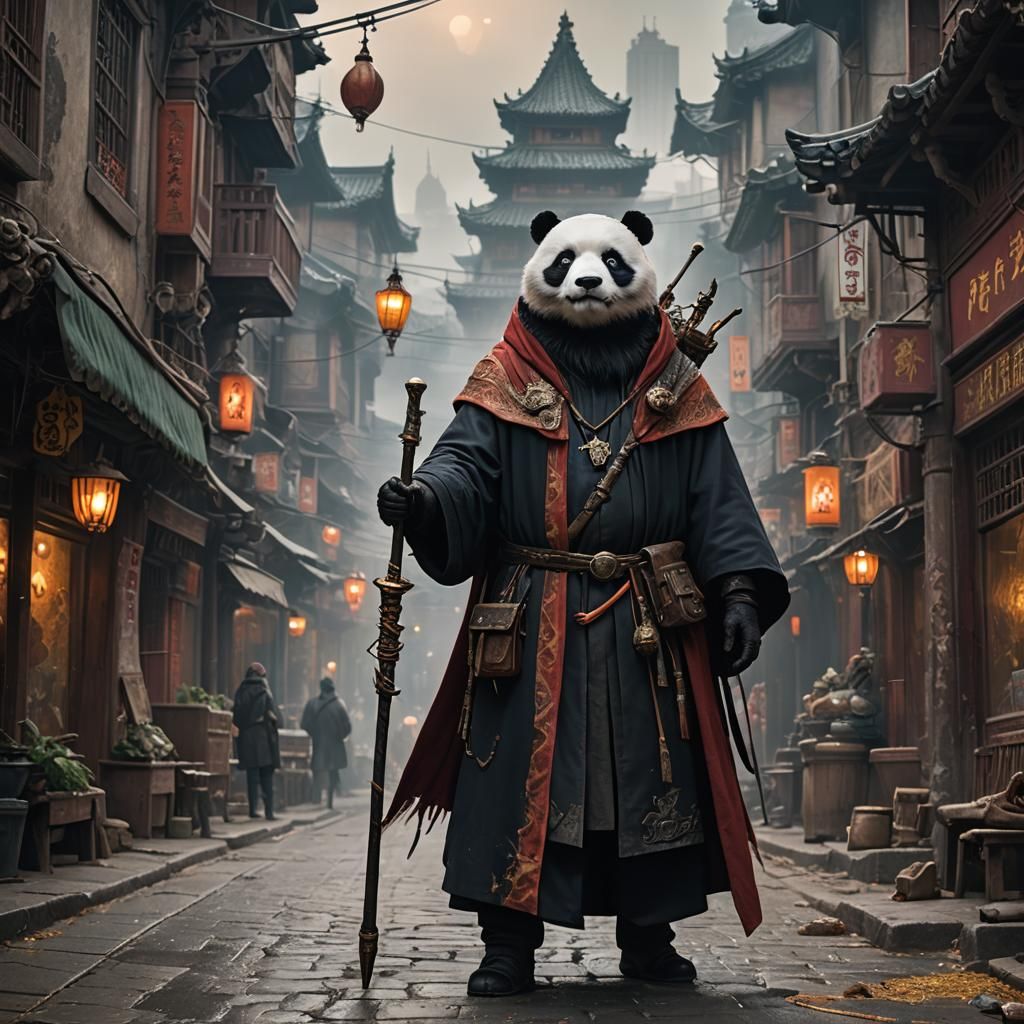Fierce Cyberpunk Panda Wizard on Fantasy Street