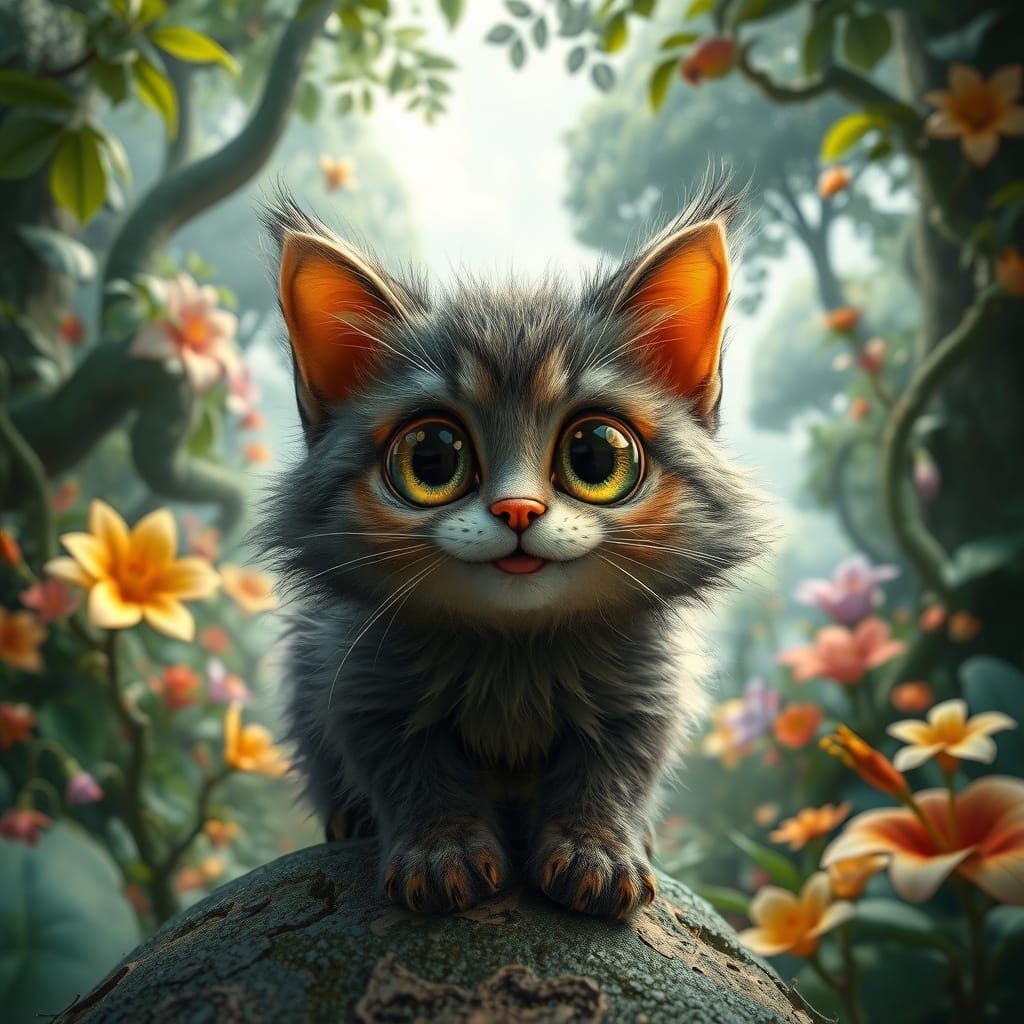 Whimsical Fuzzy Cat Caterpillar in Enchanted Botanical Wonde...