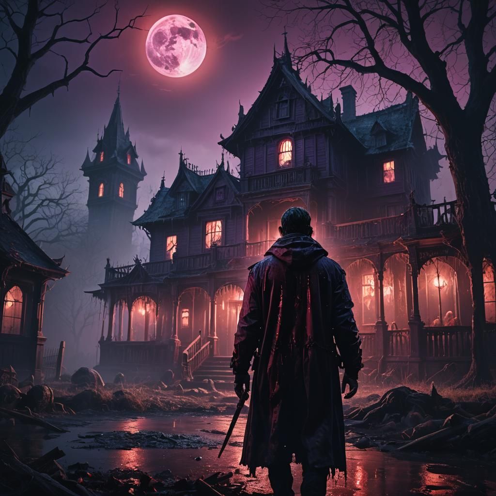 Haunted House: Man Covered in Blood at Night