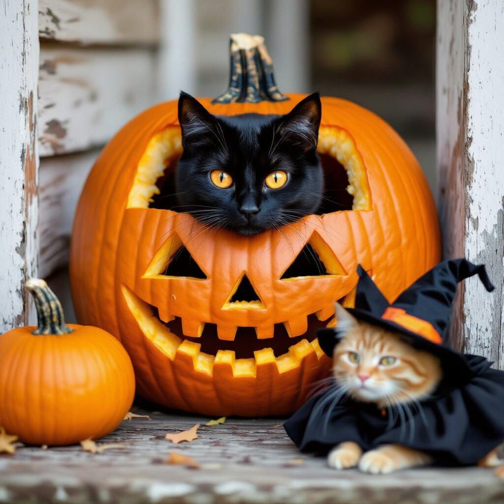 Black Cat Hiding in Sharp-Toothed Jack-o-Lantern