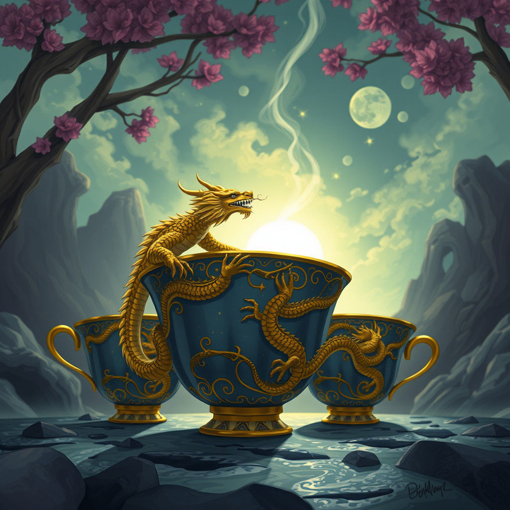 Golden Dragon Teacups in Dark Anime Style